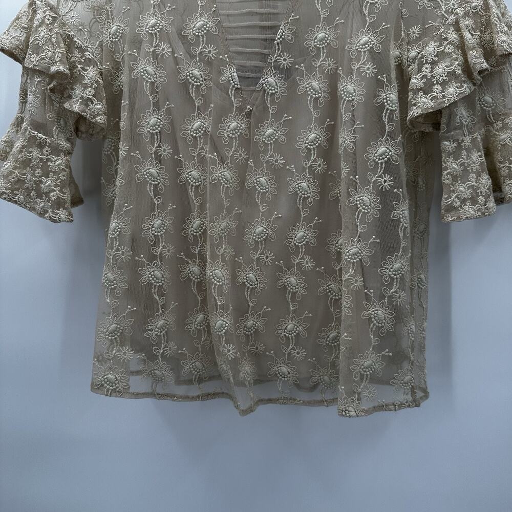All Saints Top Womens 2 Beige Henrietta Lace Ruffle Blouse Embroidered Floral - Picture 4 of 13